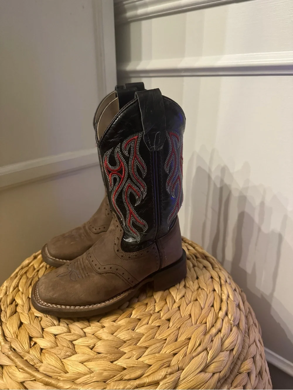 Kids Brown Cowboy Boots with Red & Blue Stitching